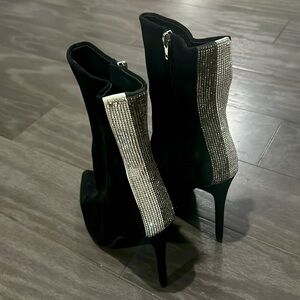 Steve Madden Wagu Black Suede‎ with Rhinestone Mid Calf Stiletto Booties